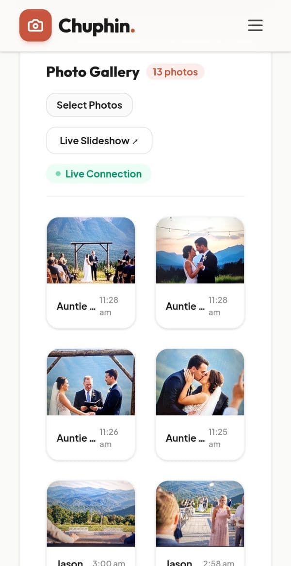 Chuphin host dashboard private gallery on a mobile phone showing live guest photos