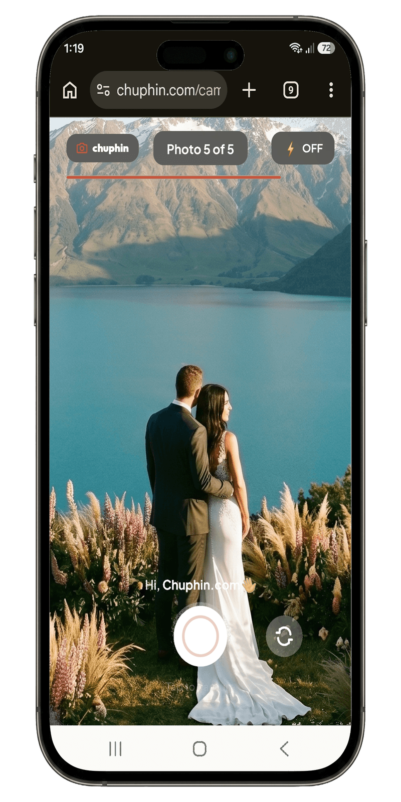 Chuphin guest camera interface showing Photo 1 of 5 at a wedding event