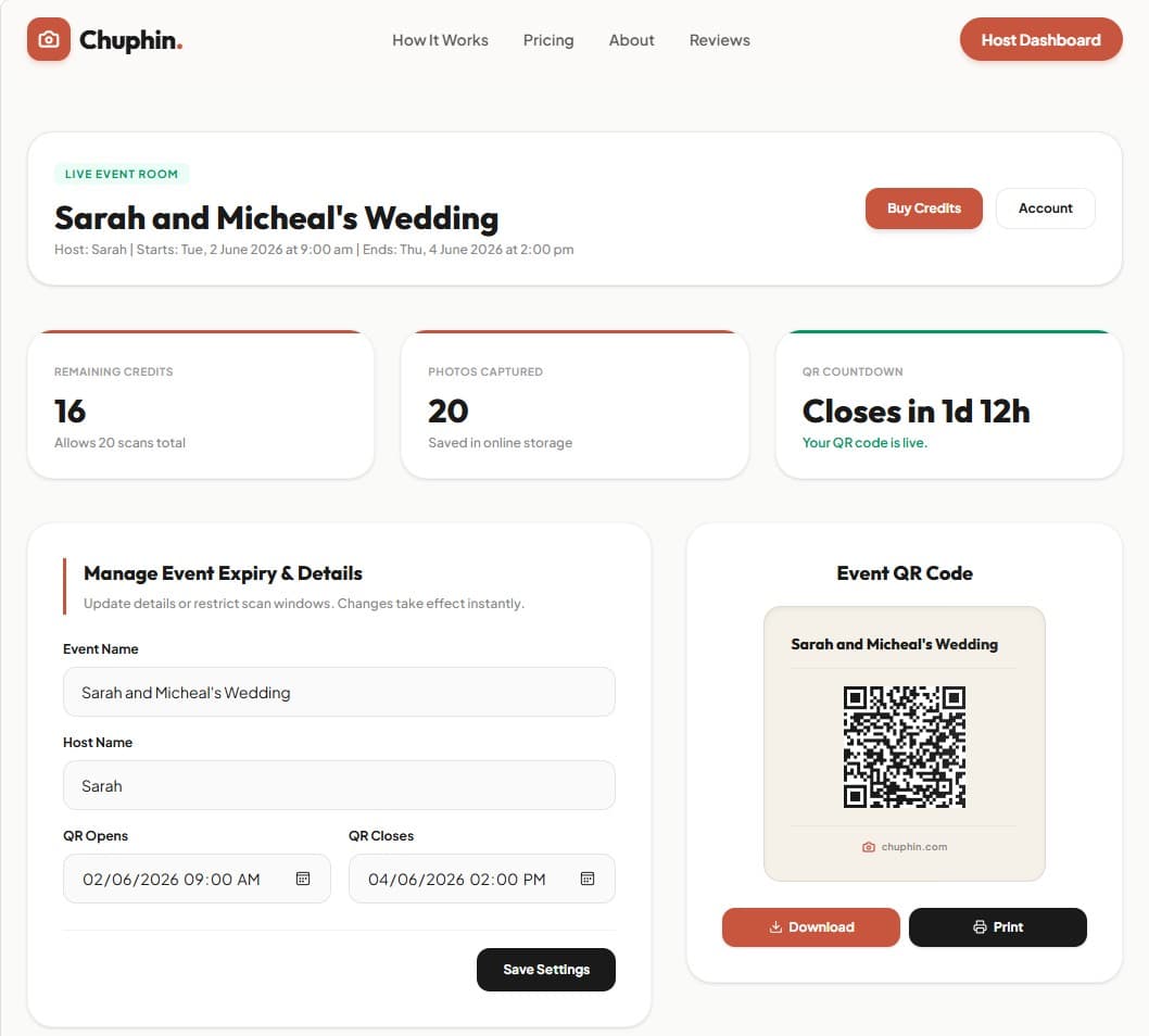 Chuphin host dashboard showing event management controls and live stats