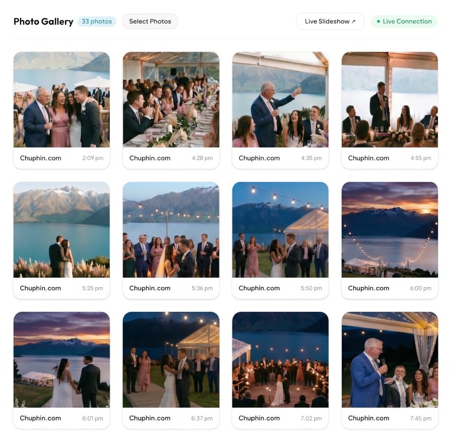 Chuphin host gallery showing real-time photo uploads from event guests